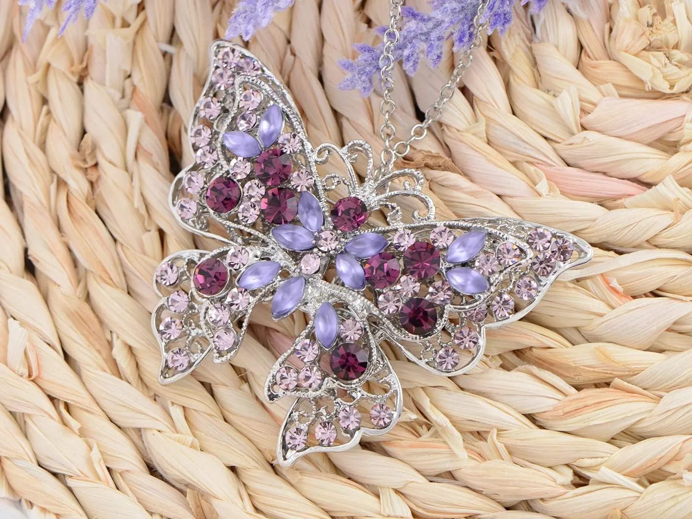 Alilang Silvery Tone Aurora Borealis Blue Purple Crystal Rhinestone Hollow Out Butterfly Brooch Pin