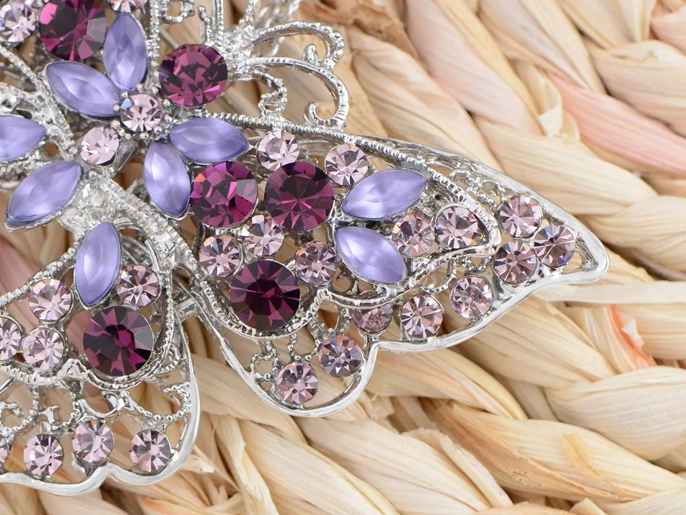 Alilang Silvery Tone Aurora Borealis Blue Purple Crystal Rhinestone Hollow Out Butterfly Brooch Pin