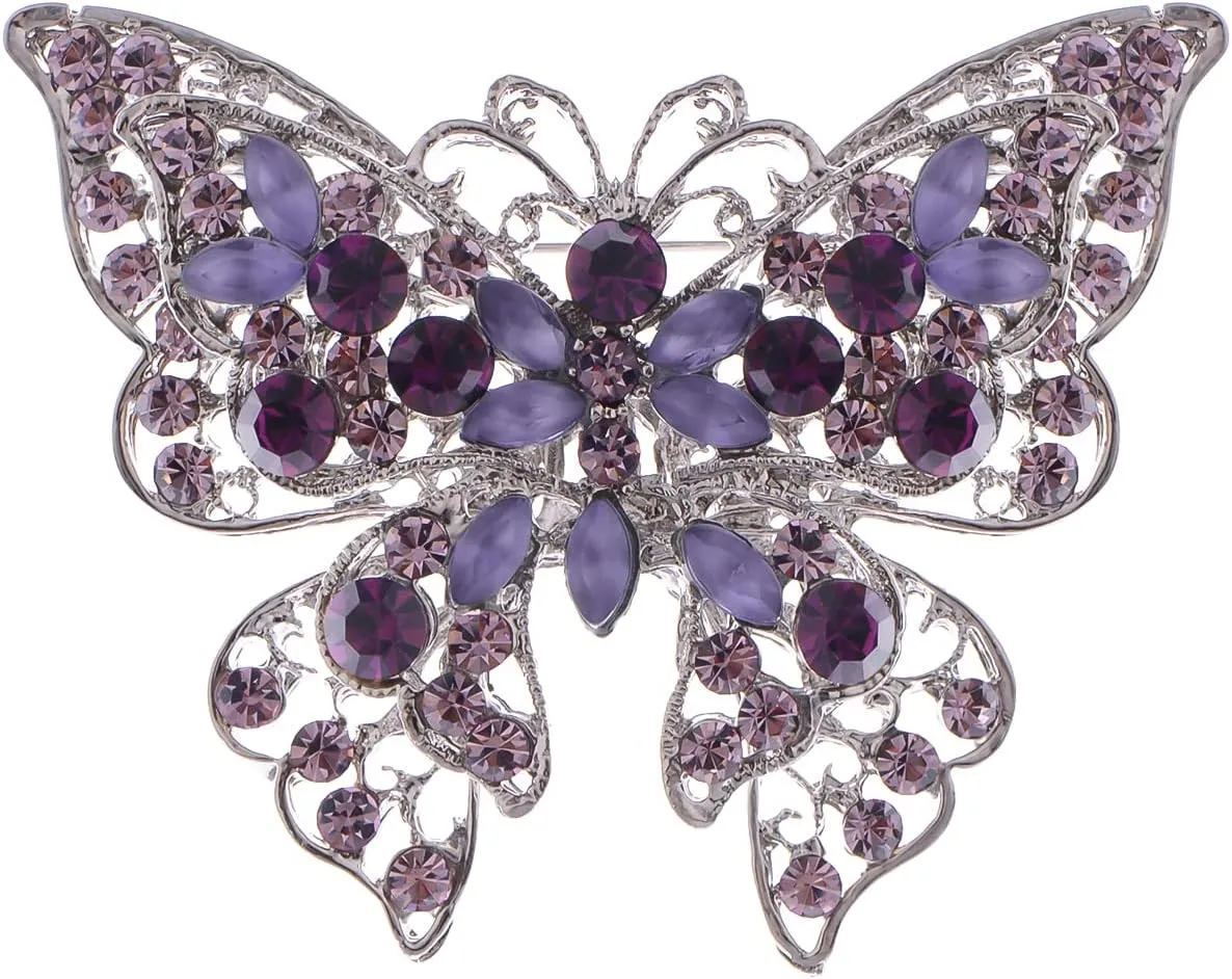 Alilang Silvery Tone Aurora Borealis Blue Purple Crystal Rhinestone Hollow Out Butterfly Brooch Pin