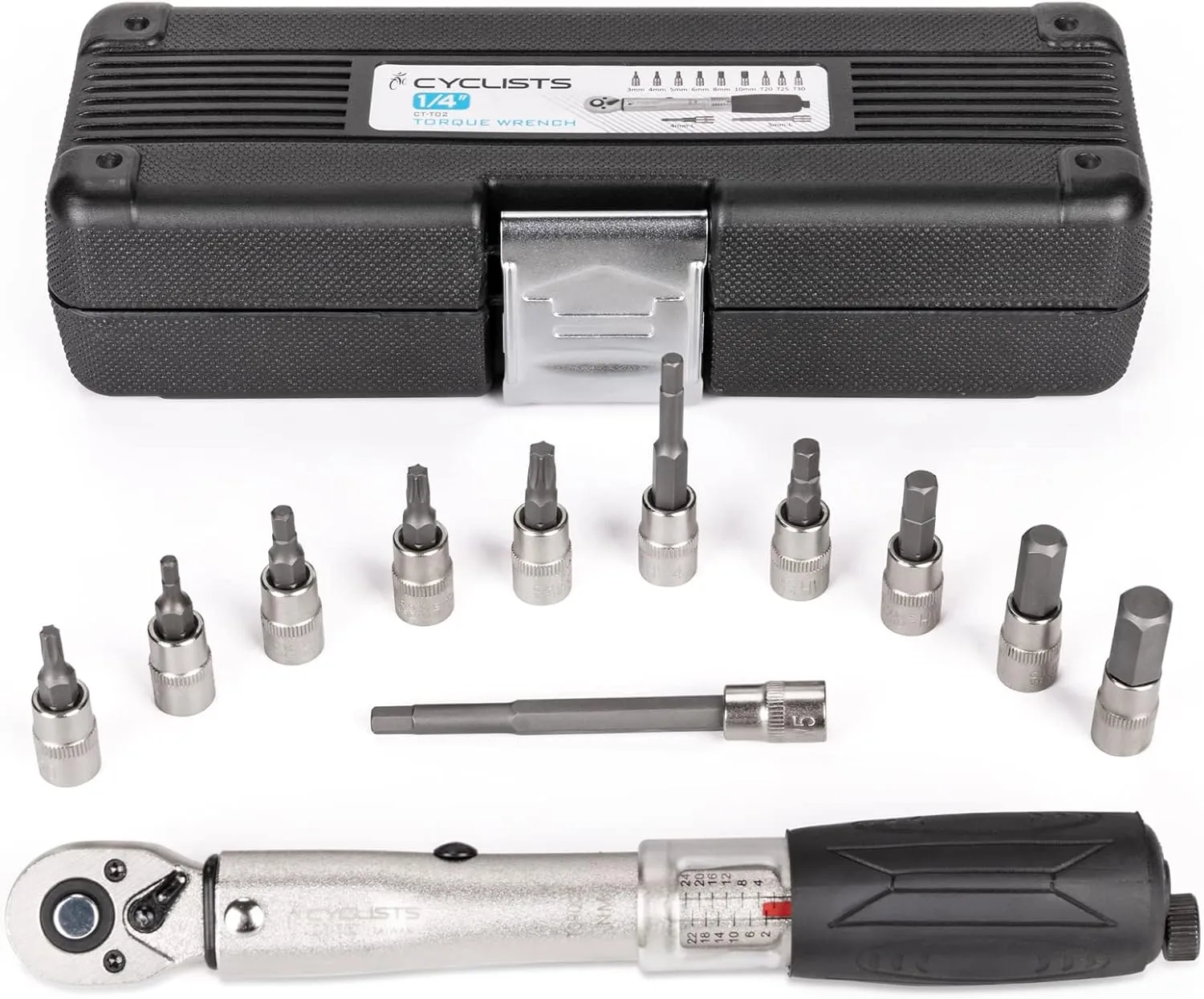 cyclists 1/4 Inch Drive Click Torque Wrench Set 2 to 24Nm  Bicycle Maintenance Kit for Road & Mountain Bikes - Includes Allen & Torx Sockets, 4mm 5mm Extension Bar