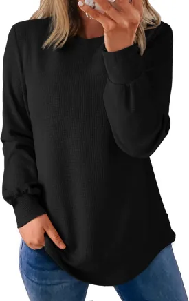 Dokotoo Women's Casual Crew Neck Sweatshirt Waffle Knit Loose Soft Long Sleeve Pullover Tops
