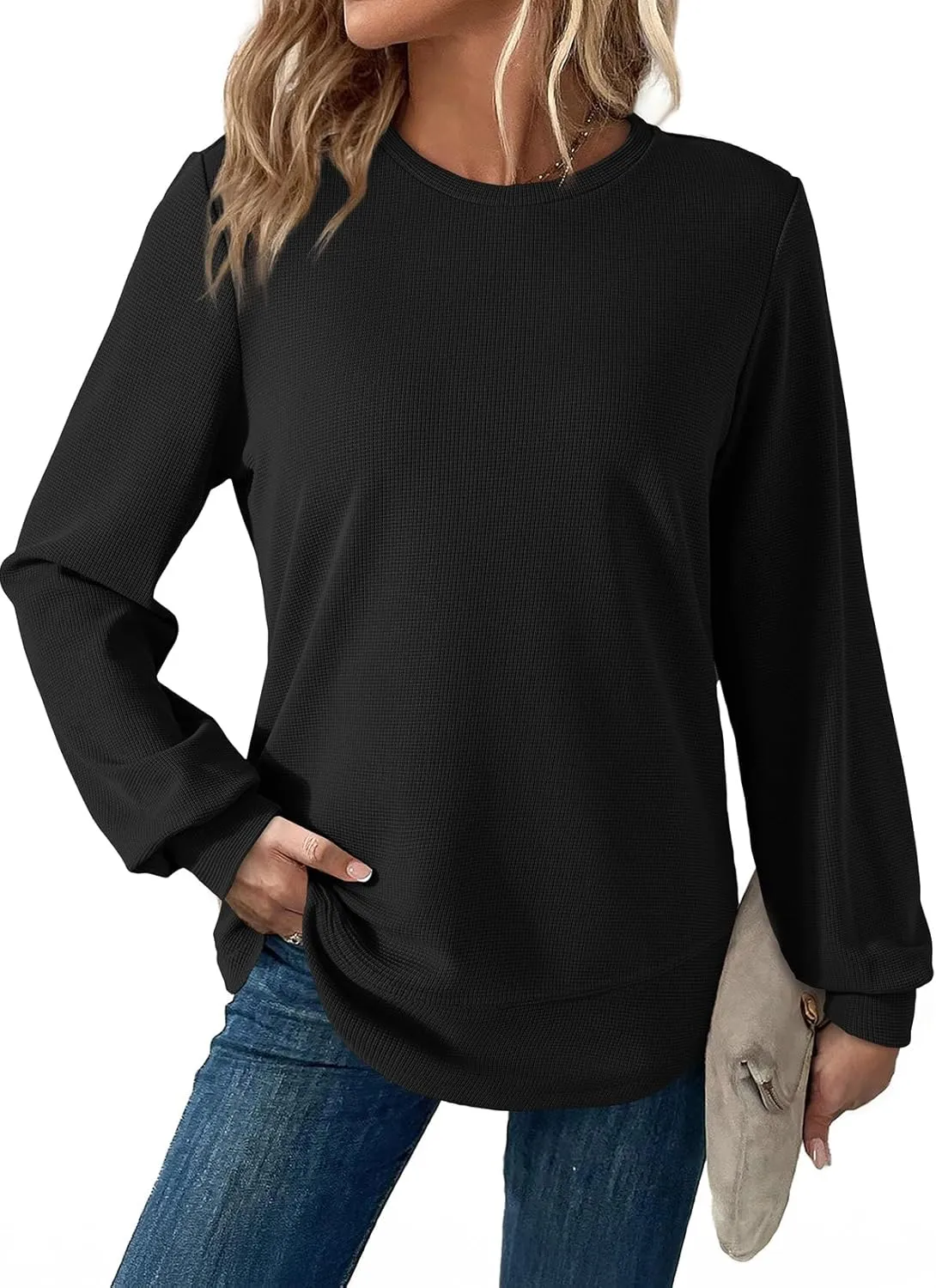 Dokotoo Women's Casual Crew Neck Sweatshirt Waffle Knit Loose Soft Long Sleeve Pullover Tops