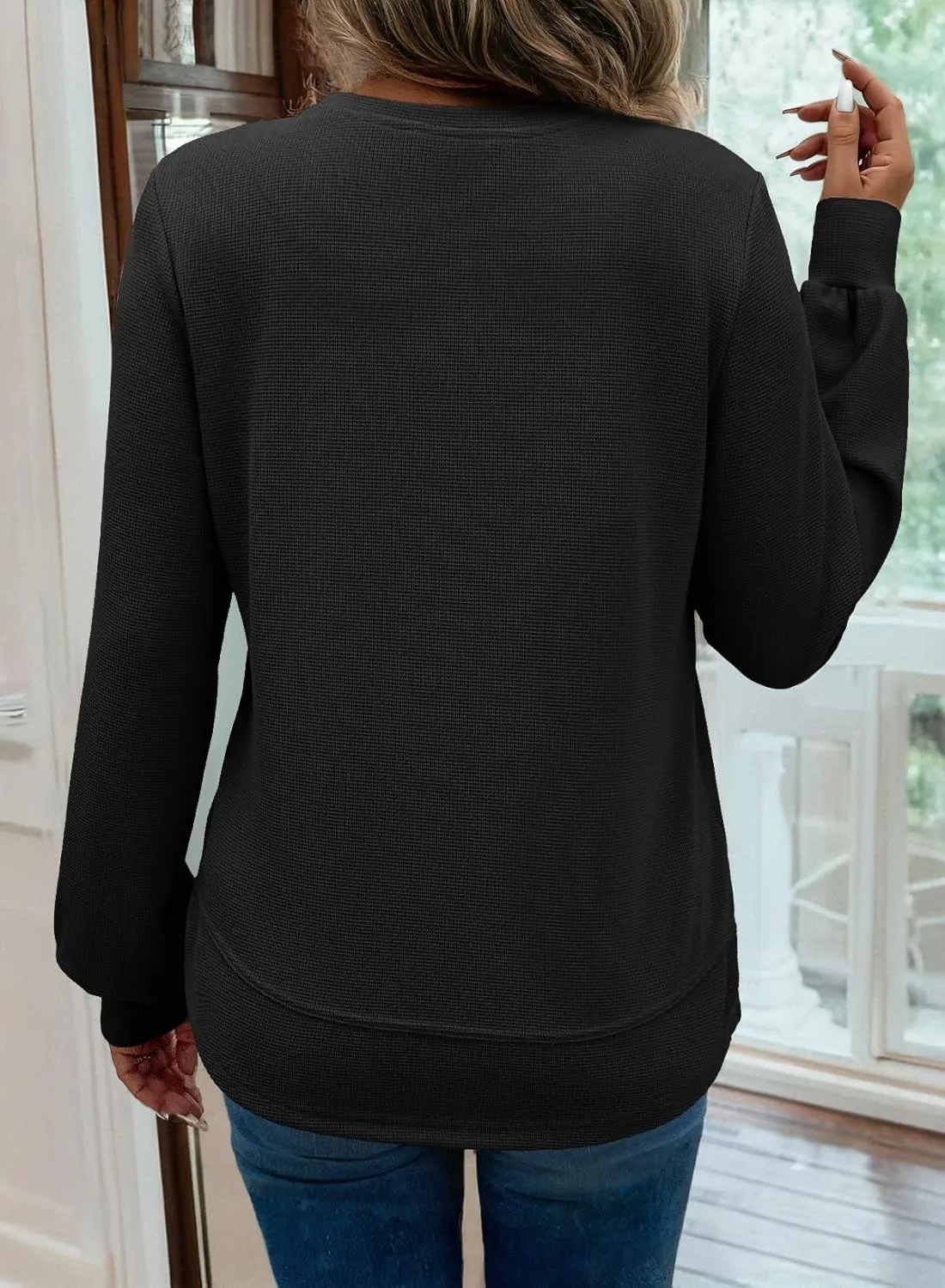 Dokotoo Women's Casual Crew Neck Sweatshirt Waffle Knit Loose Soft Long Sleeve Pullover Tops
