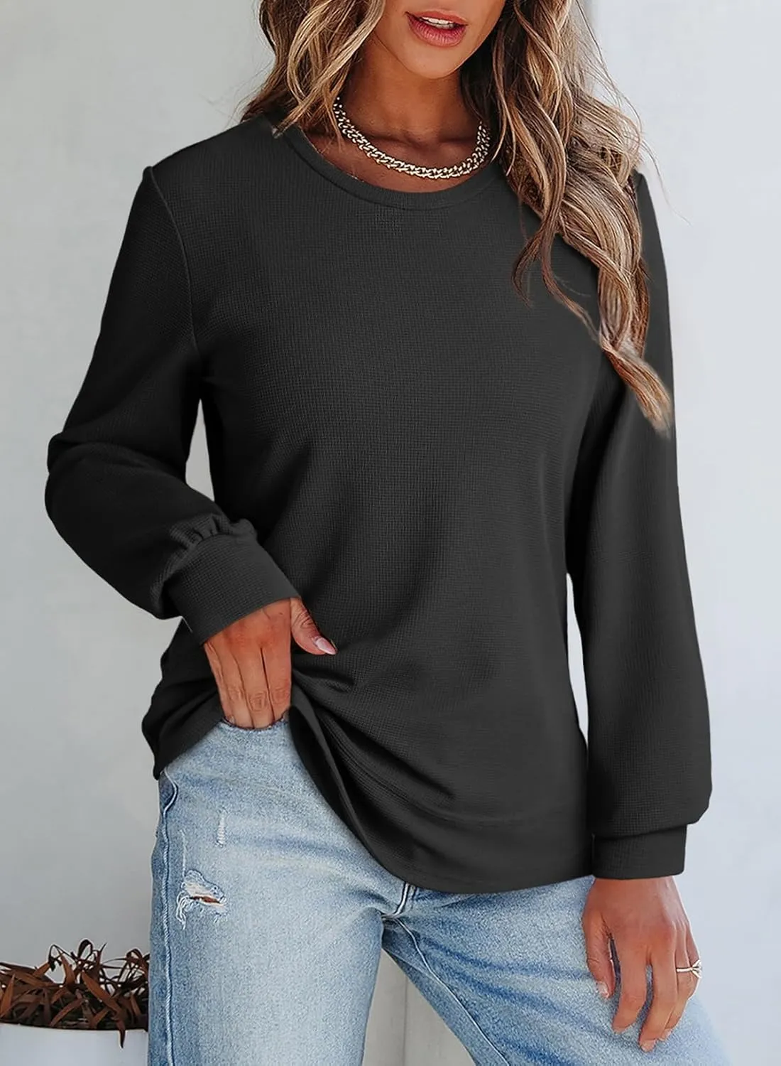 Dokotoo Women's Casual Crew Neck Sweatshirt Waffle Knit Loose Soft Long Sleeve Pullover Tops