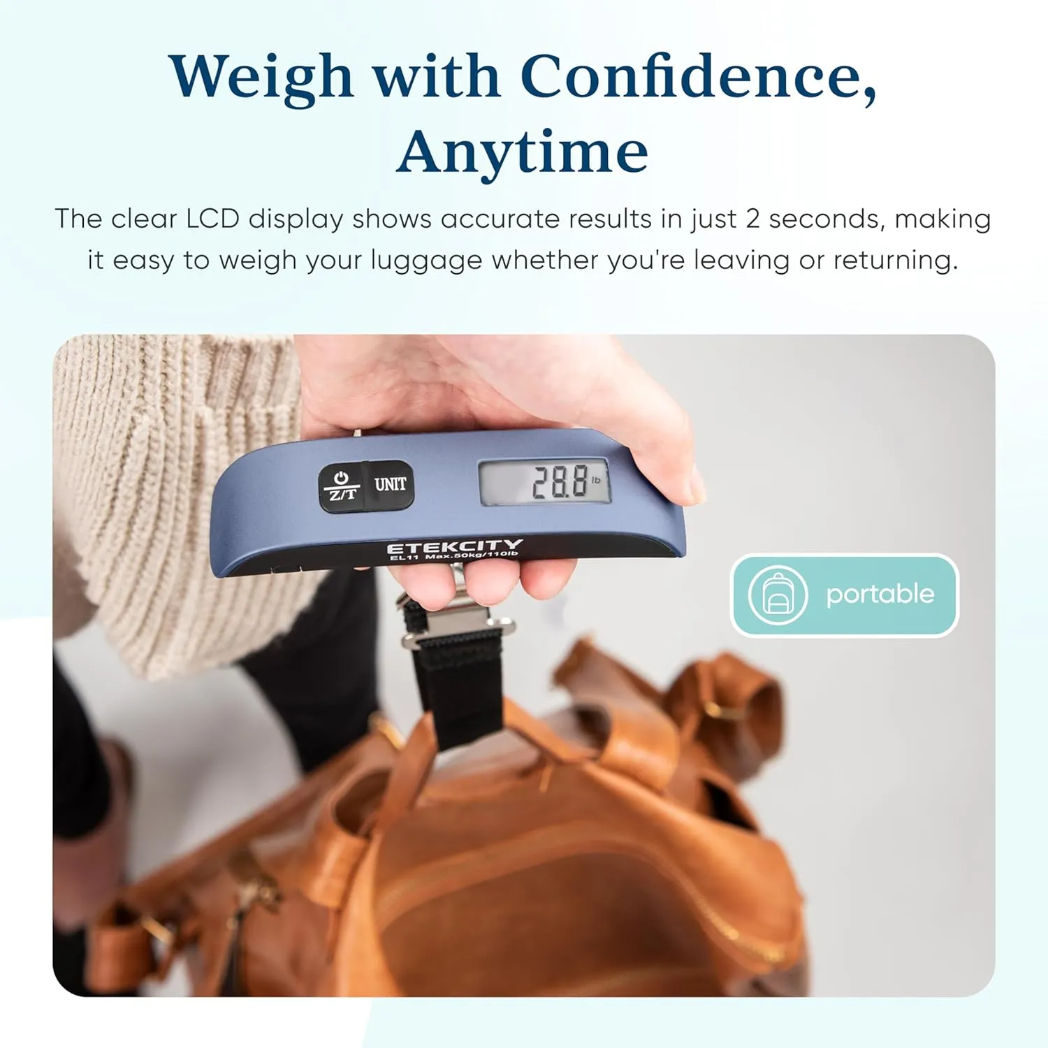 Etekcity Luggage Scale for Travel Essentials, Digital Suitcase Weight Scale with Hook, Travel Accessories for Portable Hanging Baggage, 110 Pounds, Battery Included