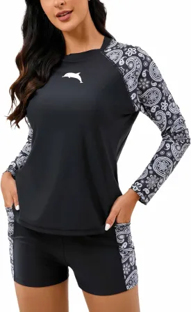 Halcurt Women's Built in Bra Rash Guard Long Sleeve Swimwear UPF 50 Two Piece Swim Shorts and Tops