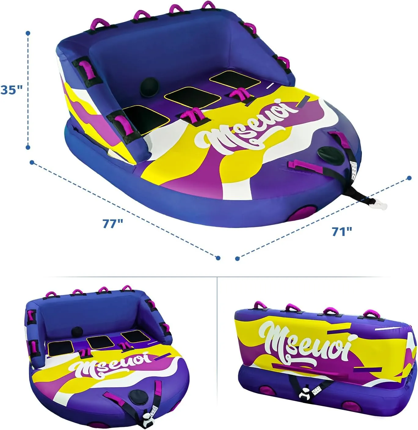 Inflatable Water Towable Tube for Boats Heavy-Duty 1-3 Rider Tow Tube with Reinforced Handles, Quick-Connect Tow Rope, Rapid Air Valve