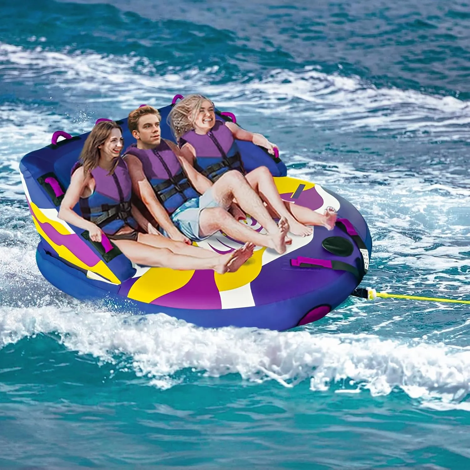 Inflatable Water Towable Tube for Boats Heavy-Duty 1-3 Rider Tow Tube with Reinforced Handles, Quick-Connect Tow Rope, Rapid Air Valve
