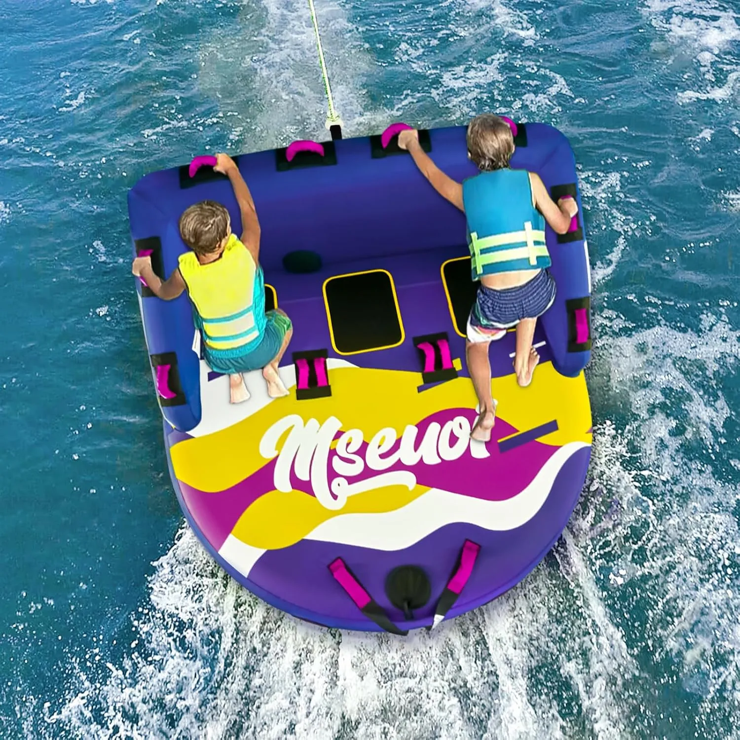Inflatable Water Towable Tube for Boats Heavy-Duty 1-3 Rider Tow Tube with Reinforced Handles, Quick-Connect Tow Rope, Rapid Air Valve