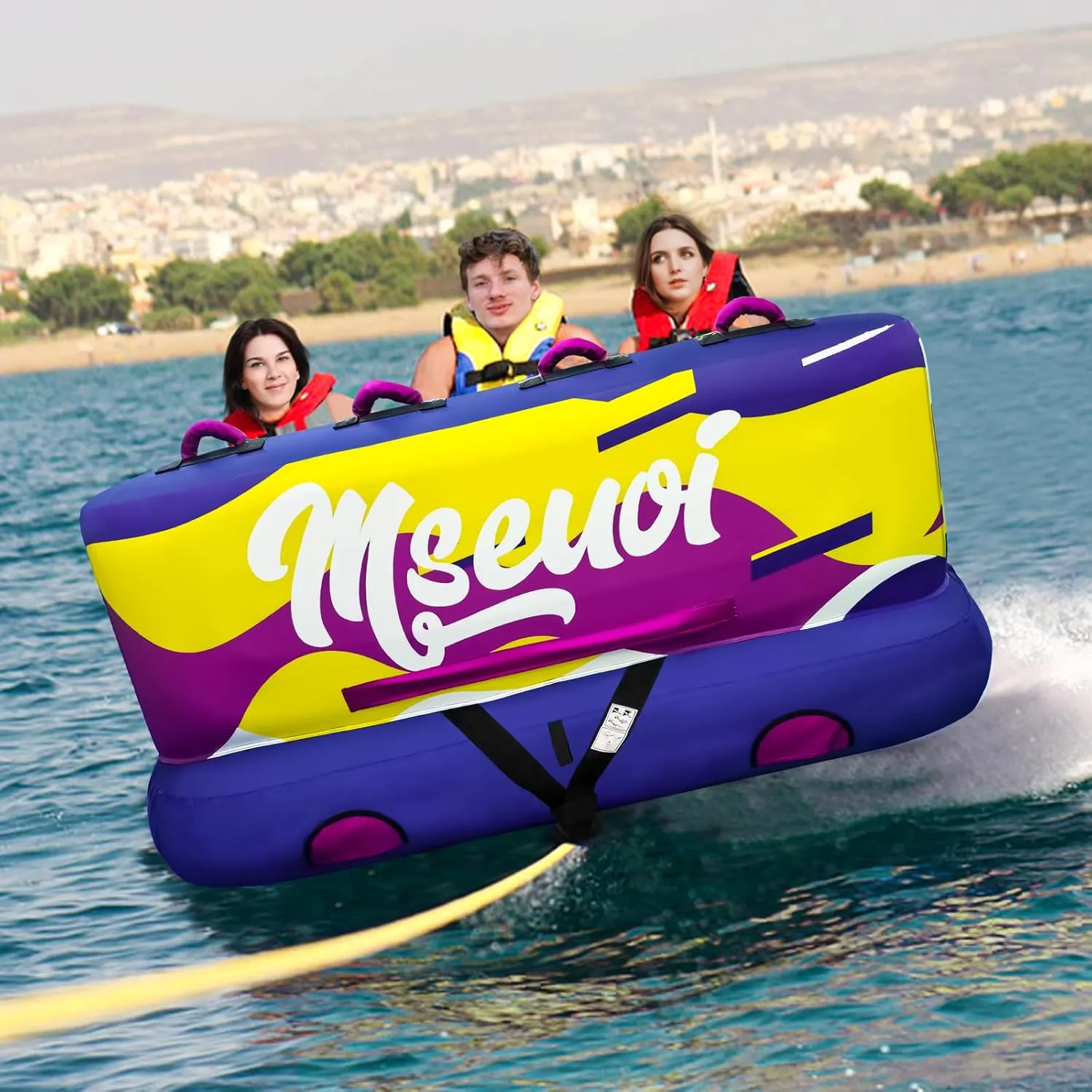 Inflatable Water Towable Tube for Boats Heavy-Duty 1-3 Rider Tow Tube with Reinforced Handles, Quick-Connect Tow Rope, Rapid Air Valve