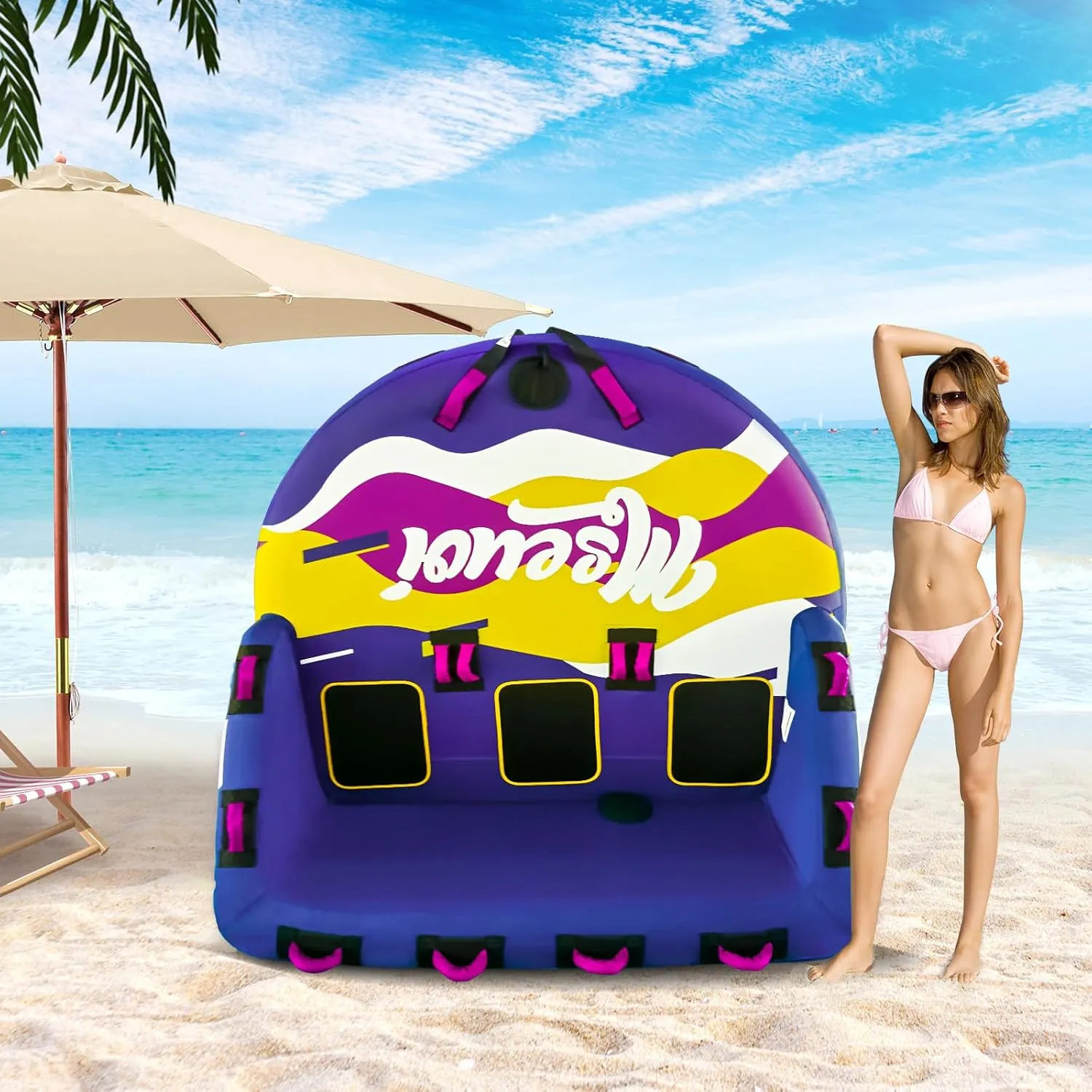 Inflatable Water Towable Tube for Boats Heavy-Duty 1-3 Rider Tow Tube with Reinforced Handles, Quick-Connect Tow Rope, Rapid Air Valve