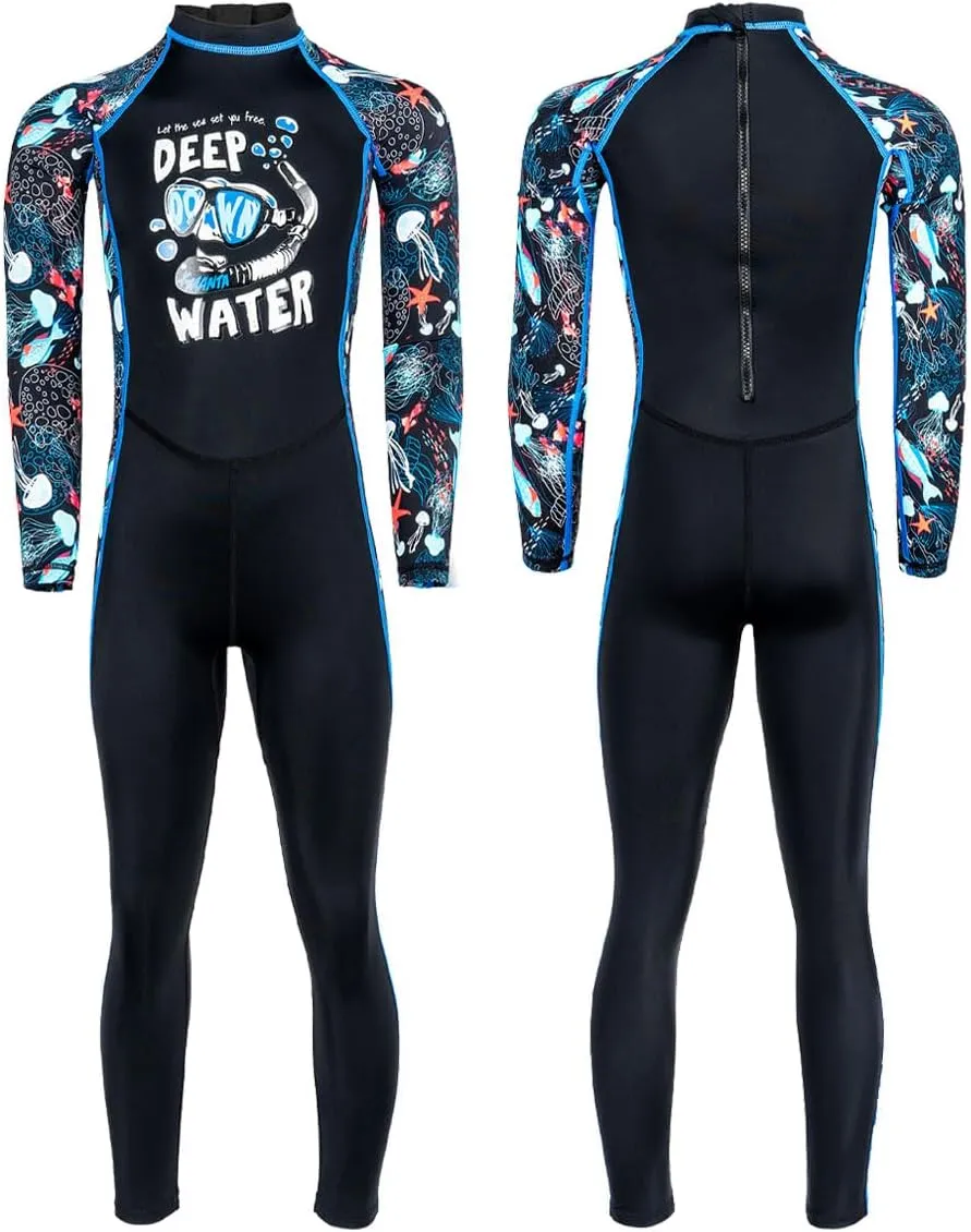 Kids Full Body Swimsuit One Piece Long Sleeve Wetsuit Skin Sun Protection Sunsuit Swimwear for Boys Girls