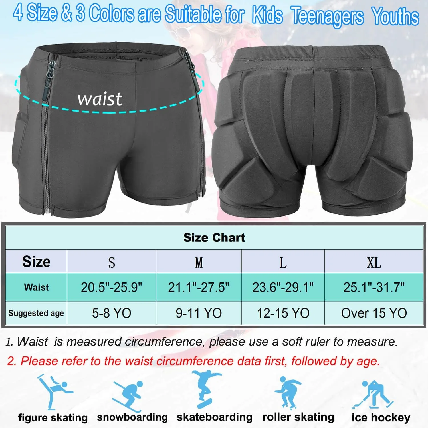 Kids Zip-on Zip-Off Padded Shorts for Snowboard Ski Figure Skating, Children Youth 3D HIPS Pants Proteciton for Tailbone&Butt