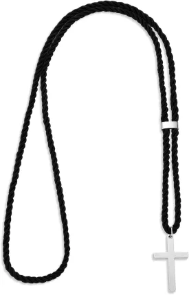 Kigeli Black Clergy Cord with Silver Cross Clergy Robes Necklace for Men Women Stainless Steel Plain Cross Christian Pendant Communion Jewelry Gifts for Pastor