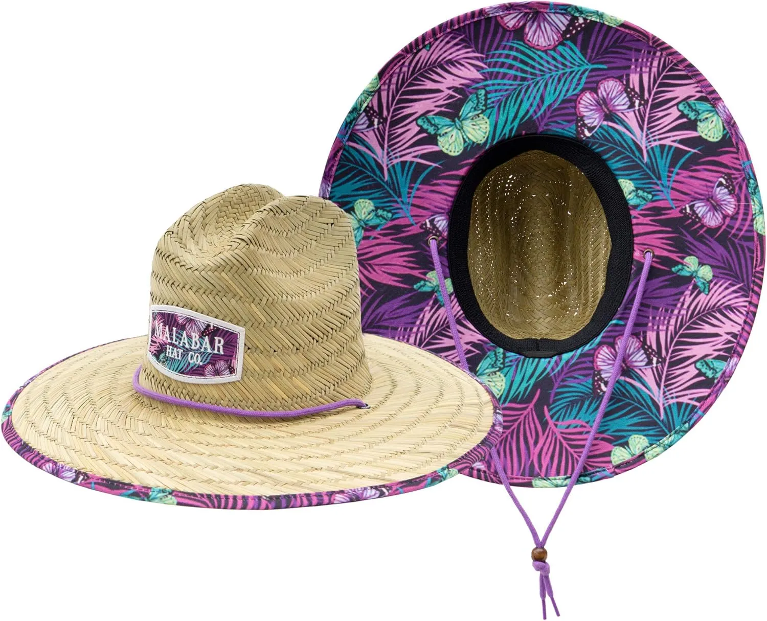 Malabar Hat Fabric Pattern Print Straw Sunhat Men & Women, Lifeguard Hat, Swim, Paddle Board, Boat, Fishing, Fits All