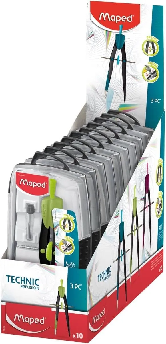 Maped Precision Compass for Circles up to 300 mm - Metal Baluster Compass with Universal Ring and Lead Case - Random Colour