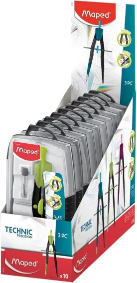 Maped Precision Compass for Circles up to 300 mm - Metal Baluster Compass with Universal Ring and Lead Case - Random Colour