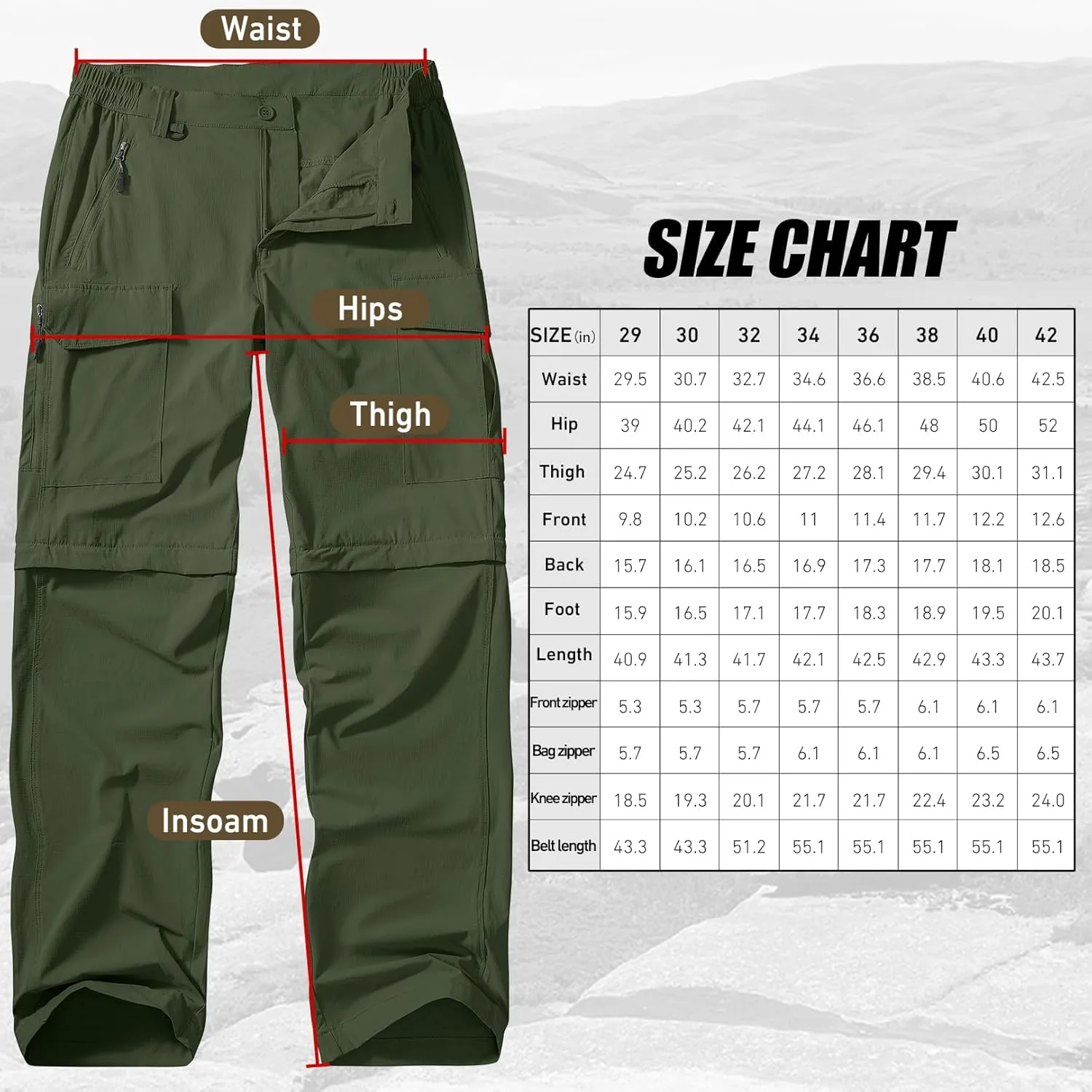 Men's Hiking Convertible Work Pants Lightweight Zip Off Lightweight Quick Dry Stretch Pants Summer Fishing Travel Outdoor