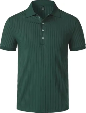 Men's Stretch Knit Slim Fit Polo Shirts Casual Short Sleeve Ribbed Collar Muscle Golf Shirt