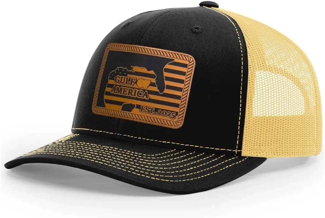 Richardson American Gulf Hat, Trucker Style Mesh Back Cap with Custom Laser Engraved Leather Patch