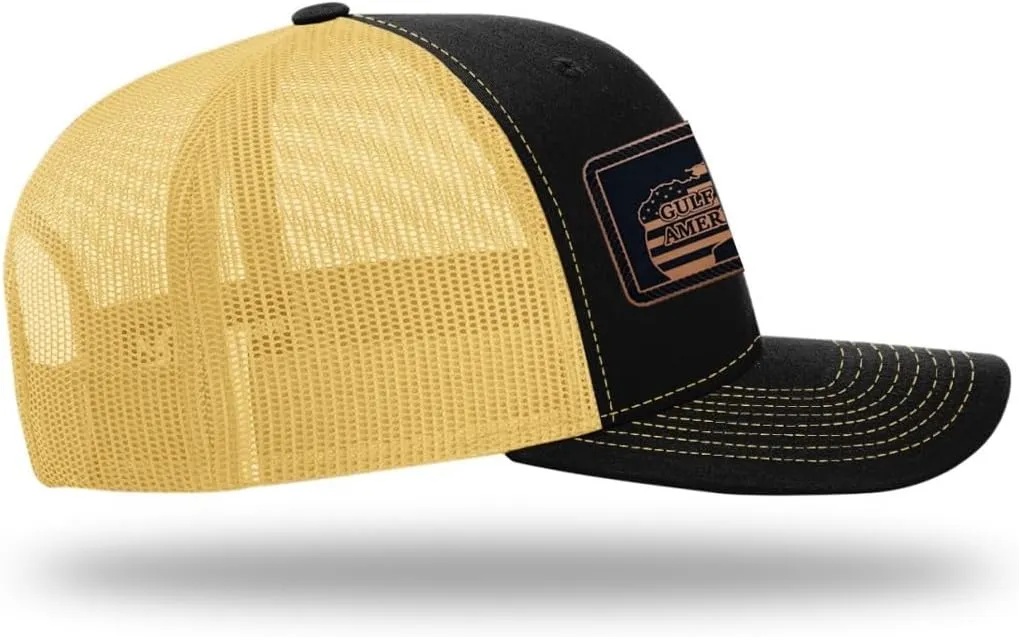 Richardson American Gulf Hat, Trucker Style Mesh Back Cap with Custom Laser Engraved Leather Patch